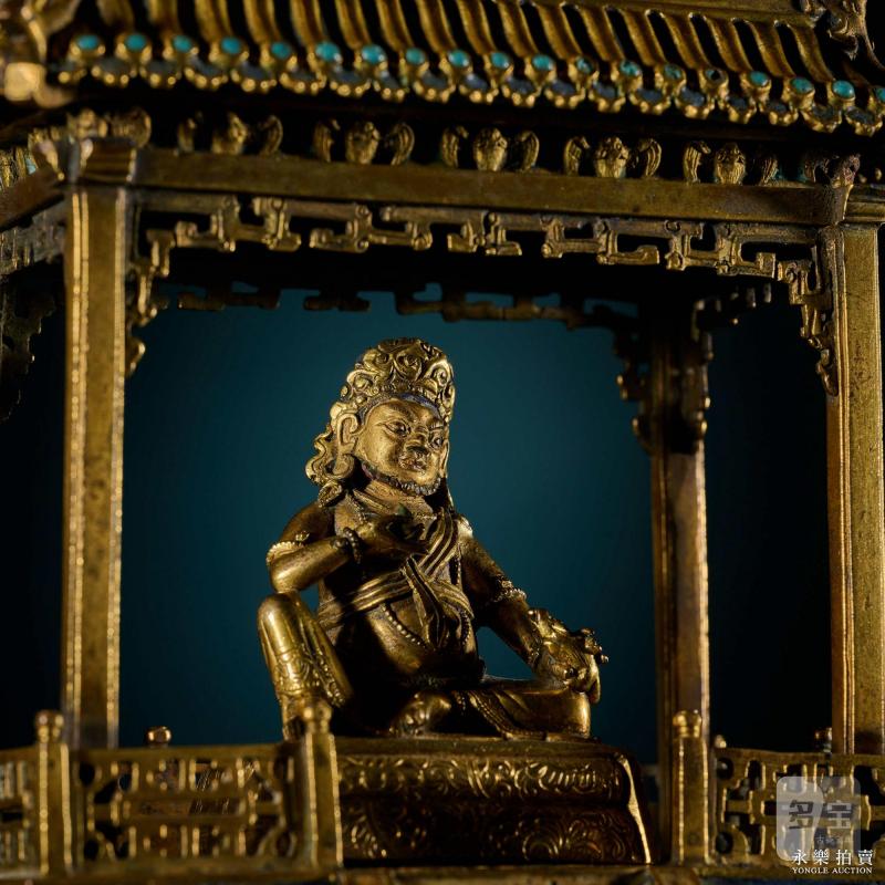 清康熙 （宫廷）铜鎏金黄财神填珐琅殿式佛龛（一组） - 图7